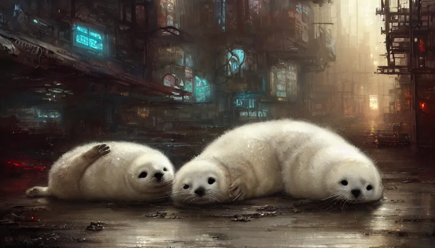 Image similar to highly detailed painting of cute furry white baby seals cuddled up in a cardboard box in a dystopian cyberpunk street by william turner, by greg rutkowski, thick brush strokes and visible paint layers, 4 k resolution, retrowave colour scheme