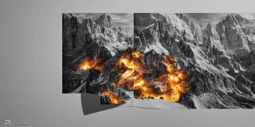 Image similar to photography of dolomites getting blown up, exploding, dolomites, alpine, detailed intricate insanely detailed octane render, 8k artistic 1920s photography, photorealistic, chiaroscuro, hd, by David Cronenberg, Raphael, Caravaggio