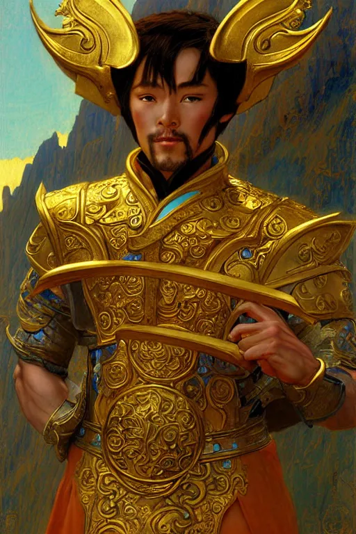 Image similar to tales of earthsea, attractive male with golden armor, ming dynasty, character design, painting by gaston bussiere, craig mullins, j. c. leyendecker, tom of finland