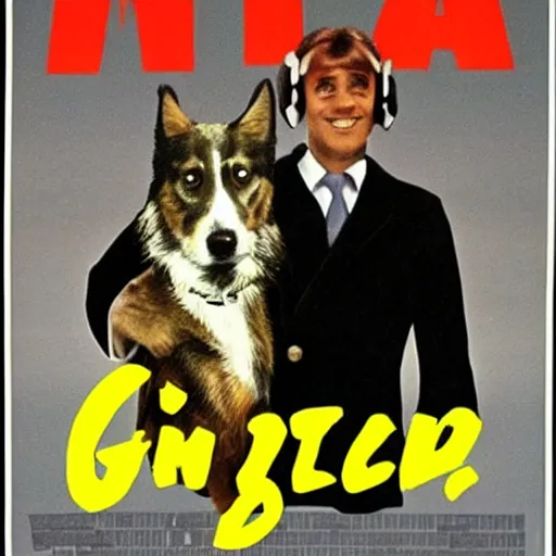 Image similar to a 8 0's movie poster about a guy and his dog. they are pilots it's called wing and a paw