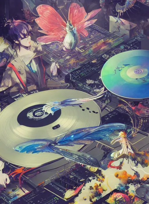 Prompt: surreal gouache painting, by yoshitaka amano, by ruan jia, by Conrad roset, by good smile company, detailed anime 3d render of a Magical flying Vinyl records , DJ Mixer, deck surrounded by Dragonfly,flying Vinyl records, controller, portrait, cgsociety, artstation, rococo mechanical and Digital and electronic, dieselpunk atmosphere