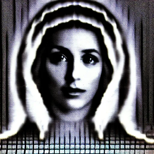 Image similar to vhs static overlay of marian apparition, vhs, 1 9 9 0, highly realistic, highly detailed, vhs noise static, black and white, vhs glitch