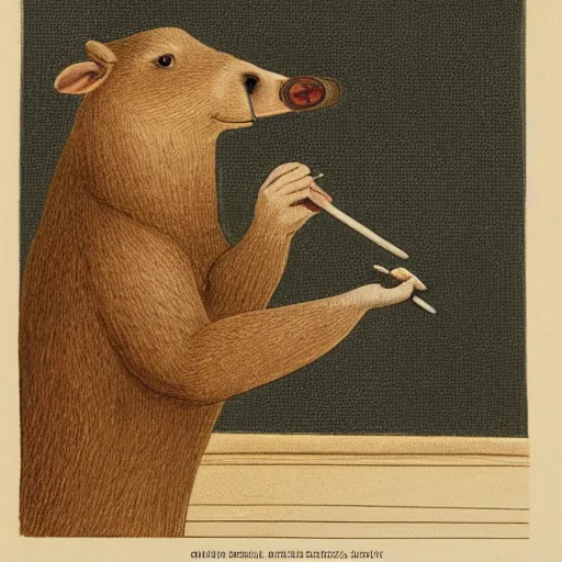 Prompt: a high detail photo of an antropomorphic capybara wearing a suit smoking a cigarrette, subject= duck, subject detail: wearing a suit, subject action: smoking a cigarrette photorealism