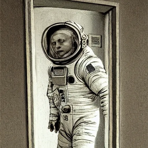 Image similar to photo - realism, space astronaut opening door that shows space and time created by leonardo davinci with extra detail, epic, spiral, perfection, zero.