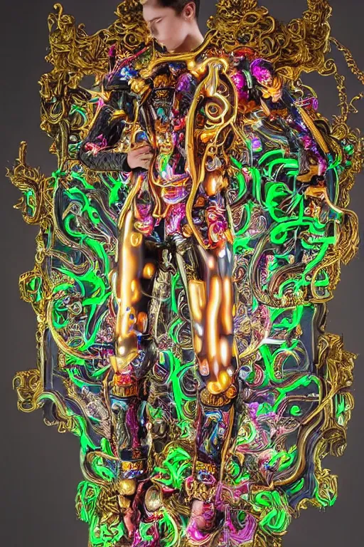 Image similar to full-body bladerunner neon baroque style sculpture of a young handsome Korean prince as a half cibernetic android with a chest opening exposing circuitry and electric sparks, glowing laser beam eyes, crown of giant neon diamonds, flowing neon green colored silk, fabric, raptors. baroque elements. full-length view. mechanical gear neon flowers. intricate artwork by caravaggio. black screen panel for a face. Trending on artstation, octane render, cinematic lighting from the right, hyper realism, octane render, 8k, depth of field, 3D