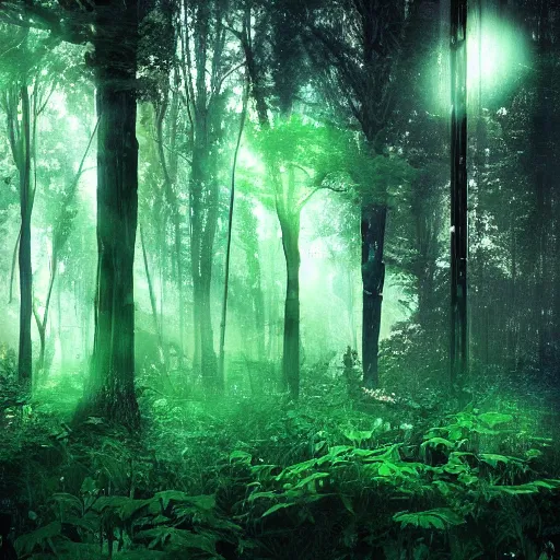 Prompt: “Dark subversive green lush forest with a magical portal at its core, photorealistic Breath of The Wild, Craig Mullinsa, 8k, ultra hd, night with a light from the window, against a matrix background, all black room and setting, glitch art, trending on artstation, high detail, 8K, CGsociety, hypermaximalist, octane render, cinematic lighting, post apocalyptic, data, code, mutek, nervous system, parametric, octane render, sci fi, glitch”