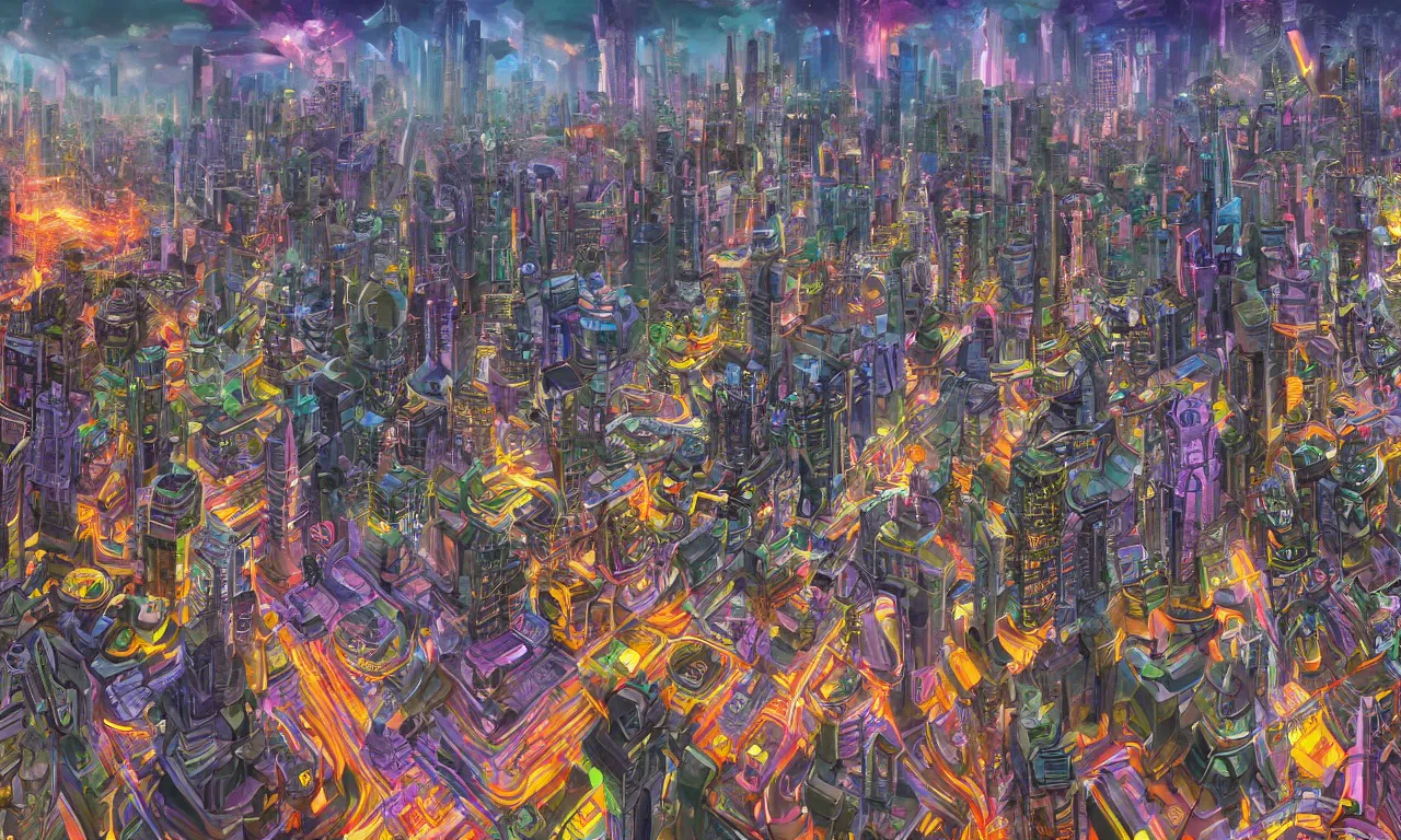 Image similar to futuristic city, illustration painting, oil on canvas, intricate, hd, digital art, overdetailed art, complementing colors, detailed, illustration painting by alex gray, digital art, syd meade