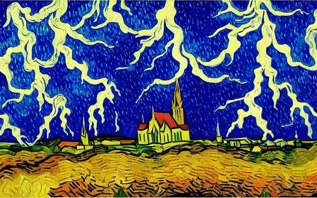 Prompt: expressionist oil painting by van gogh of lightning storm over a tall gothic church, landscape painting, expressionism, 8 k resolution, small brushstrokes, watercolor palette