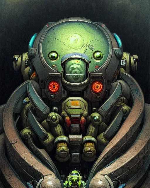 Image similar to orisa from overwatch, character portrait, portrait, close up, concept art, intricate details, highly detailed, horror poster, horror, vintage horror art, realistic, terrifying, in the style of michael whelan, beksinski, and gustave dore