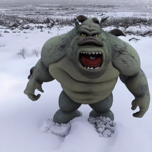 Prompt: bulky, warped mutant ogre-like being in drab garb trudges through snowdrifts and frozen bodies towards a grim and certainly inescapable fate. the environment has been sucked dry of all traces of joy, honor, and purpose; only hopelessness remains. the grotesque subject has only known this desperate life; numb to the frigid cold from frostbite. life expectancy is depressingly low in this world