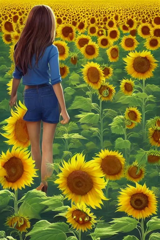 Image similar to a girl slowly walking through amazing tall sunflower field, hair flowing, fanart, by concept artist gervasio canda, behance hd by jesper ejsing, by rhads kuvshinov, rossdraws global illumination radiating a glowing aura global illumination ray tracing hdr render in unreal engine 5, tri - x pan stock, by richard avedon