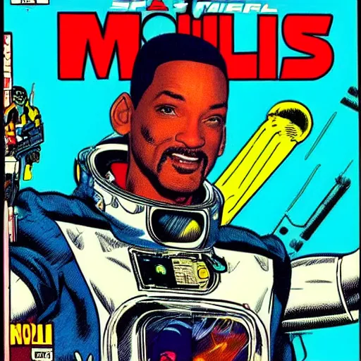 Prompt: 1 9 8 0 s professional comic book title cover of will smith as a space mercenary, heroic, majestic, high quality 8 0 s comic art by george perez