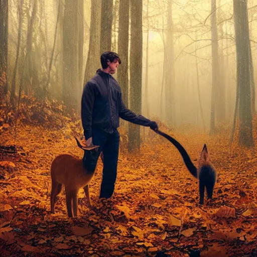 Prompt: Ryan Golsing holding a cute caracal in an autumn forest, by Aron Wiesenfeld and beksincki, cinematic, detailed illustration, nature, fog, dark colors, suspense, intricate, 8k