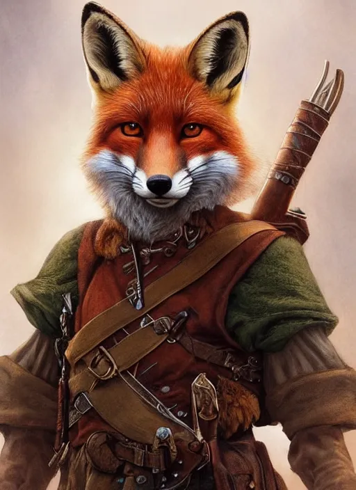 Image similar to portrait of a fox - faced ranger, dnd, gwelf, highly detailed, perfect lighting, perfect composition, 8 k, by artgerm, brian froud, larry macdougall, jean - baptiste monge, cgi