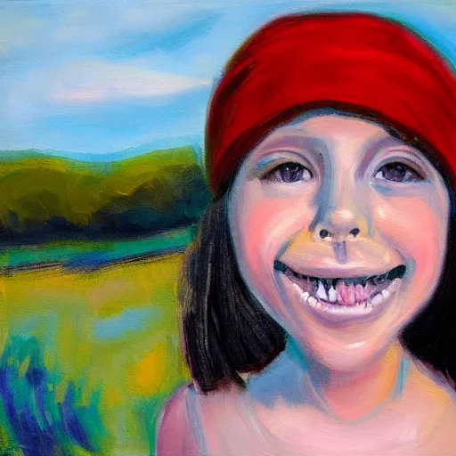 Prompt: painting of a emo girl with a eerily large smile, showing teeth, beanie, impressionist style