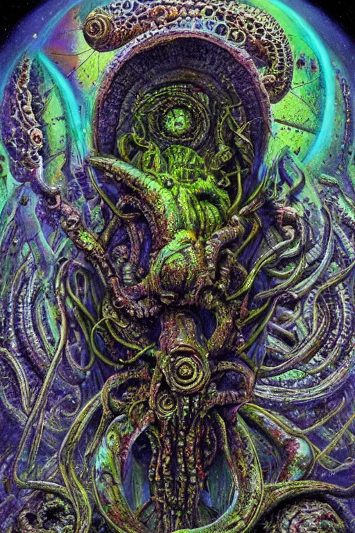 Prompt: a cosmic alien monster with embedded symbols hyperrealism, digital vision of acid colors raytracing, global illumination , award winning works by H. R. Giger, Ernst Haeckel, Beto Val, Simon Holmedal, Silent Hill :: H.P. Lovecraft, Art and Monsters ,high quality printing, fine art with subtle redshift rendering