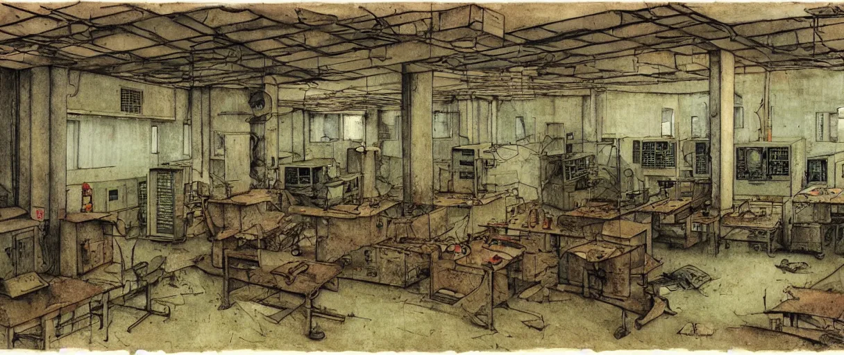 Image similar to abandoned laboroatory from cold war era, room full of cold war era computers, nuclear shelter, top secret industrial facillity, faded out colors, highly detailed muted colors, illustration by albrecht durer, fine art sketch