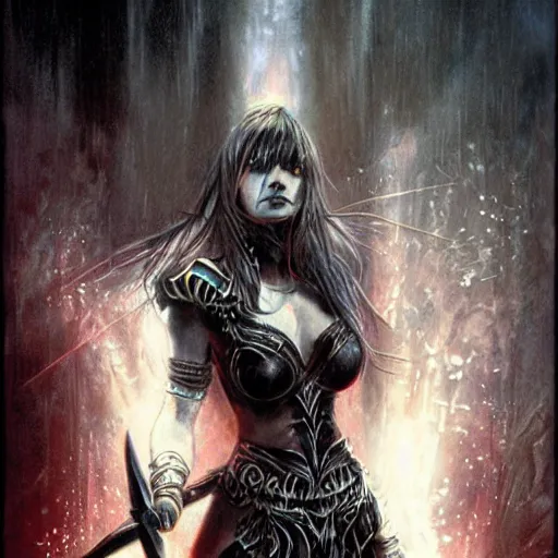 Image similar to female warrior, black hair, glowing sword, cinematic, by luis royo