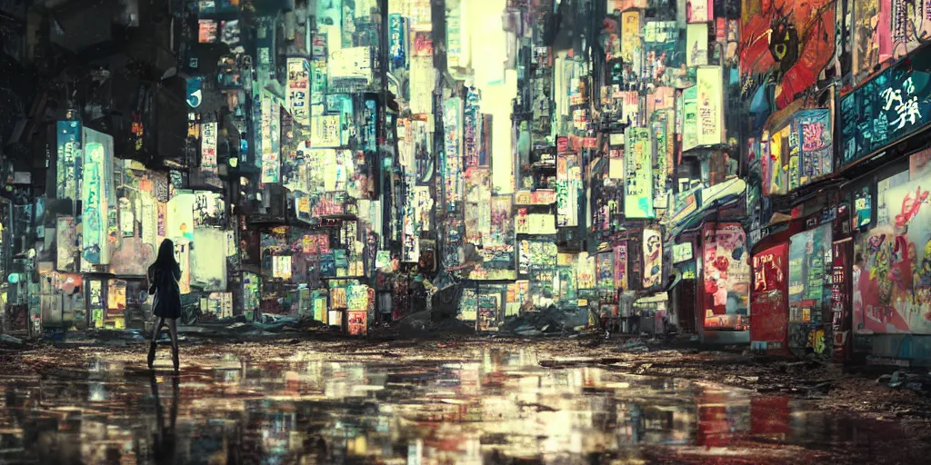 Prompt: incredible wide screenshot, ultrawide, paper texture, katsuhiro otomo ghost in the shell movie scene, backlit distant shot girl in a park, dark wet road, black parasol in deserted trash pile night shinjuku junk town, broken vending machines, smashed wall, bold graffiti, black road, reflection puddles, dark vignette