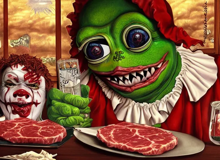 Prompt: hyper realistic detailed image of pepe the frog and peter the vampire in pennywise makeup in trattoria eating raw meat and ground beef with various drinks, by ayami kojima, amano, bekinski, greg hildebrandt, and mark brooks, mystical, rich deep colors, cinematic light, long cinematic shot, extremely detailed, very coherent symmetrical artwork, 8 k