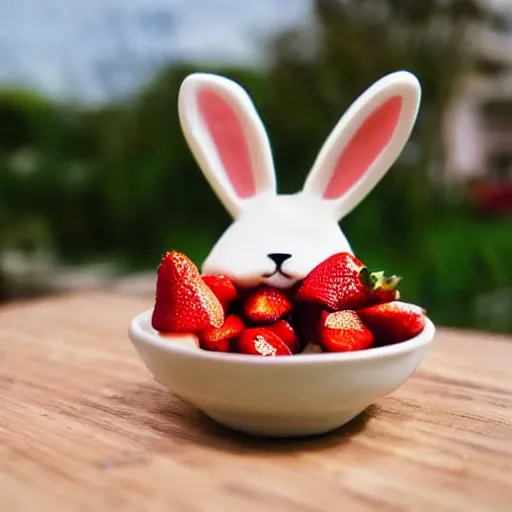 Image similar to a bunny eating strawberries, cute, photo realistic