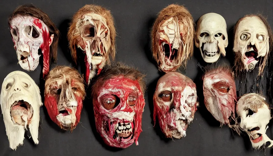 Prompt: tribes members with taxidermic flesh bloody mask, technicolor, heavy grain, high quality,