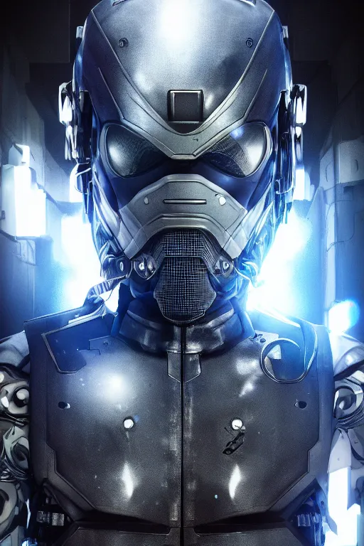 Image similar to cyber cyborg ninja mask helmet metal gear solid artic suit swat commando, global illumination ray tracing hdr fanart arstation by sung choi and eric pfeiffer and gabriel garza and casper konefal, a spectacular view cinematic rays of sunlight comic book illustration, by john kirby