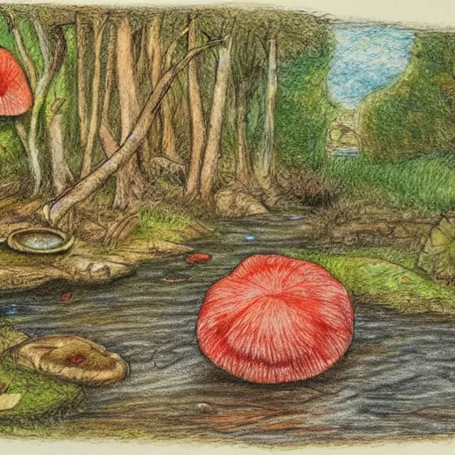 Image similar to illustration of a wooded scene with a small stream in the distance and a red mushroom in the foreground, coloured pencil drawing, highly detailed, beatrix potter