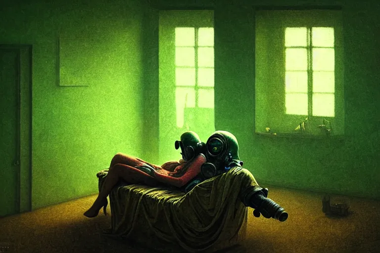 Image similar to girl with wearing a gas mask lying on the sofa reading a book in her room, in the style of beksinski, solarpunk, atmospheric, intricate and epic composition, green by caravaggio, insanely quality, highly detailed, masterpiece, blue light, artstation, 4 k, ultra clean render