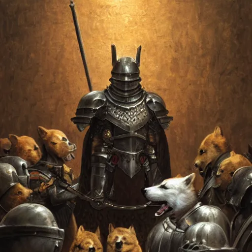 Image similar to knight bones armor, anthropomorphic shiba inu, in tavern, surrounded by knights, stuning 3 d render, masterpiece, glowing aura, by donato giancola and greg rutkowski and wayne barlow and zdzisław beksinski, realistic face