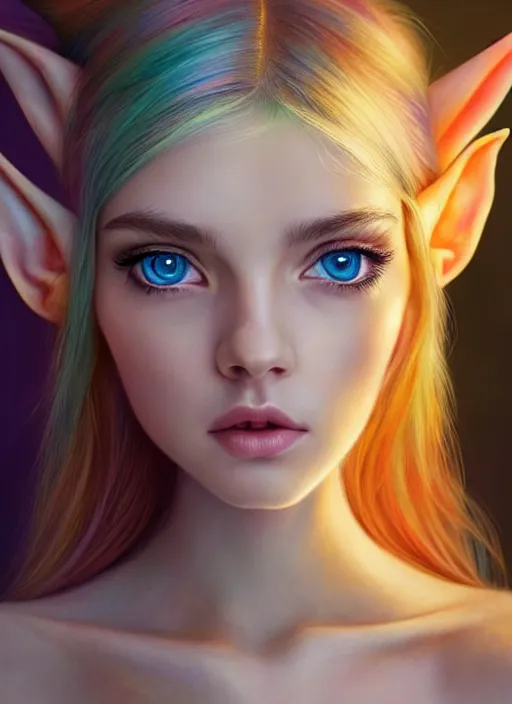 Prompt: a beautiful portrait, colorful luminous background, gorgeous fantasy elf. professionally retouched, soft lighting, realistic, smooth face, white skin, gorgeous blue eyes, detailed big eyes, long detailed hair, cute ears, wide angle, sharp focus on the eyes, 8 k high definition, insanely detailed, intricate, elegant, gorgeous, art by artgerm and wlop