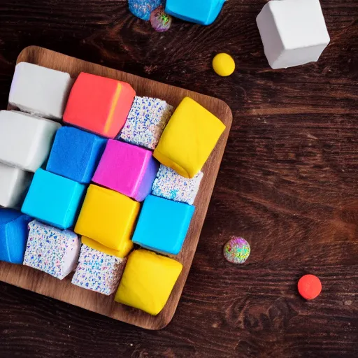 Image similar to photograph of a delicious marshmallow cube with sprinkles on a dark wooden chopping board, pastel colours, hessian cloth, styled food photography, photorealistic, 4 k, canon 1 d, bohek