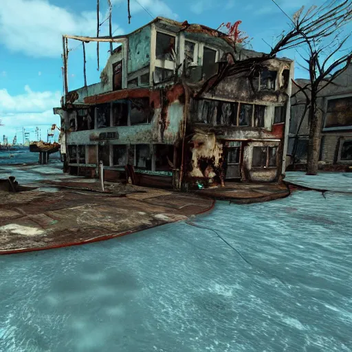 Prompt: Bahamas in ruins post-nuclear war in Fallout 4, in game screenshot