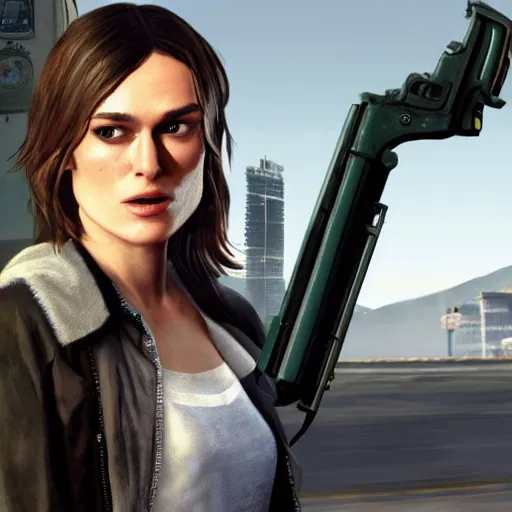 Image similar to Keira Knightley as a grand theft auto 5 character, concept art