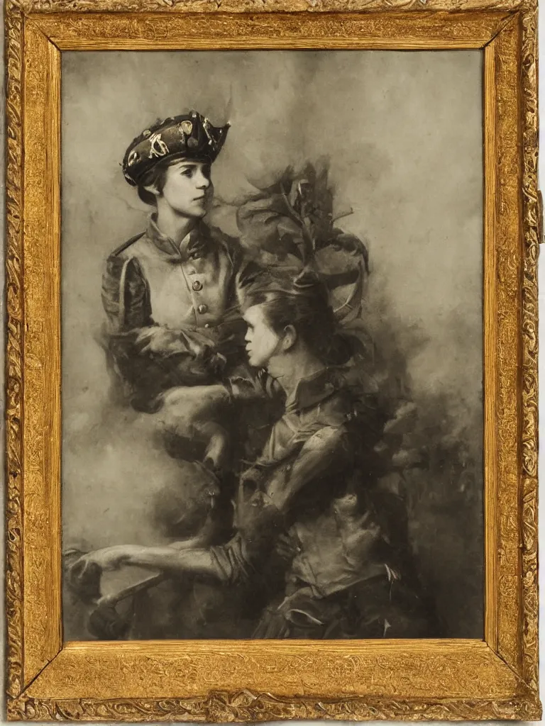 Image similar to portrait of a lonely female soldier floating in the air, wearing a crown, by george henry harlow