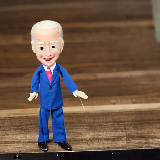 Image similar to joe biden as a doll, string puppet wires, puppet, puppet strings,