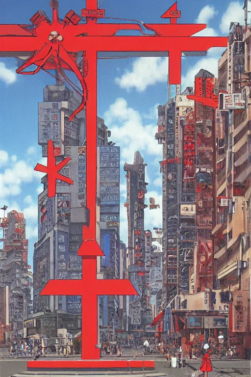 Image similar to Three giant red crosses in the center of a city from Neon Genesis Evangelion by Peter Elson