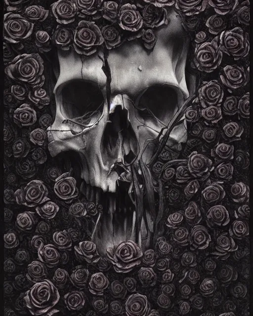 Image similar to skull surrounded by black roses, fog, cinematic shot, denis villeneuve movie still, wayne barlowe concept art, detailed, very coherent, vintage, masterpiece by emil melmoth