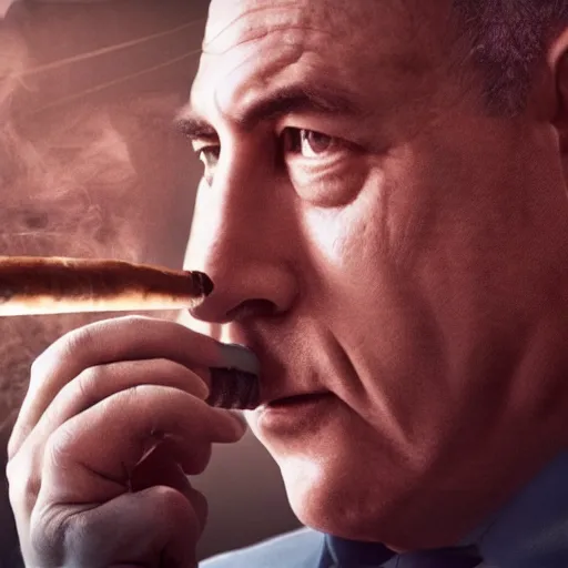 Prompt: a portrait of benjamin netanyahu as an advanced cyborg smoking a cigar, smoke in background, grainy, dramatic lighting, octane render, neutral colors, sharp, 4 k