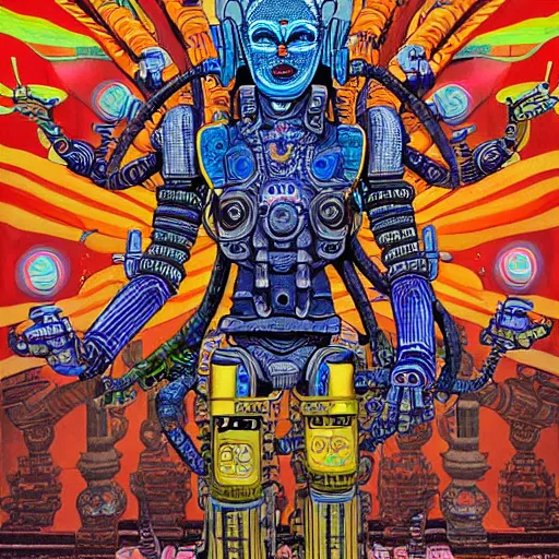 Image similar to detailed intricate color comic poster illustration of a Hindu god with a halo as an evil cyborg alien robot with lots of arms, cyberpunk, sistine chapel, davinci, religion, Hindu, vishnu, akira, dystopian, sci-fi, geof darrow, transmetropolitan, ronin