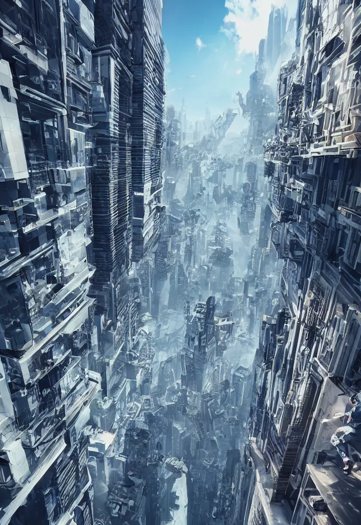 Image similar to people diving down from buildings , futuristic city, street view, detailed, hyper realistic, dramatic