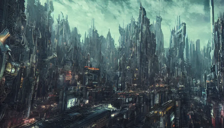 Image similar to psychedelic cyberpunk scifi vast detailed city endless vastness and gigantic size and detail, very dark and abandoned, only dark colours, unreal engine 5, 4 k hd picture, extreme detail, alien style, dark and scary, award winning scenery, h. r. griger