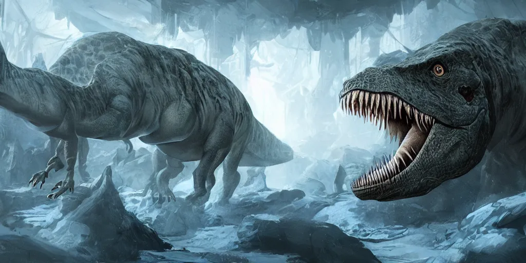 Image similar to dinosaurs encased in ice, concept art, digital illustration, trending on artstation, deviantart, artgerm, epic composition, masterpiece, highly detailed, advanced technique, ambient lighting, wlop, ross draws