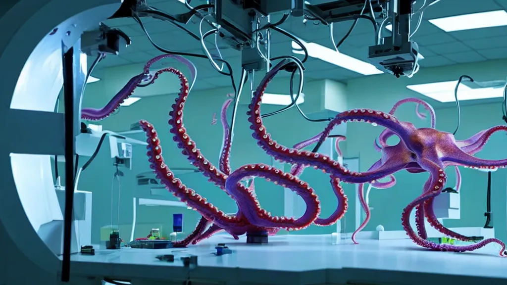 Image similar to a complex bifurcated surgical arm hack mri 3 d printer machine making colorful mutant octopus forms and control panels in the laboratory inspection room, film still from the movie directed by denis villeneuve with art direction by salvador dali, wide lens