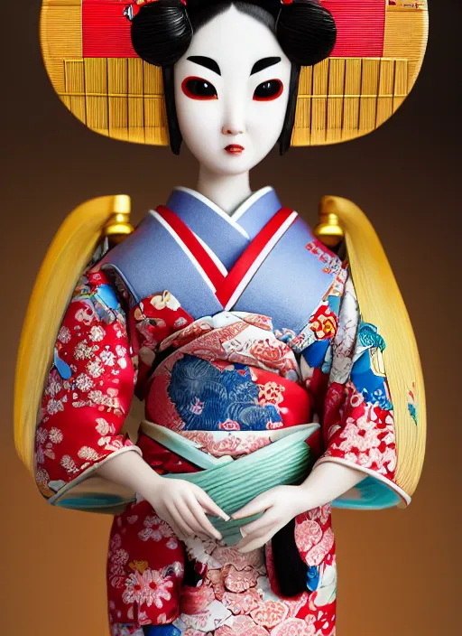 Prompt: closeup portrait of tin toy japan geisha kimono girl trap, depth of field, zeiss lens, detailed, symmetrical, centered, fashion photoshoot, by nicoletta ceccoli, mark ryden, lostfish, breathtaking, 8 k resolution, extremely detailed, beautiful, establishing shot, artistic, hyperrealistic, octane render