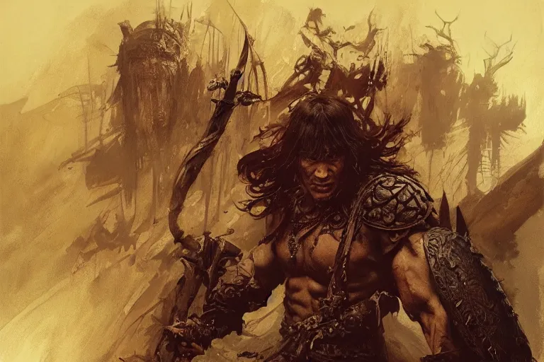 Image similar to conan the barbarian, intricate, elegant, highly detailed, vivid colors, john park, frazetta, sparth, ruan jia, jeffrey catherine jones