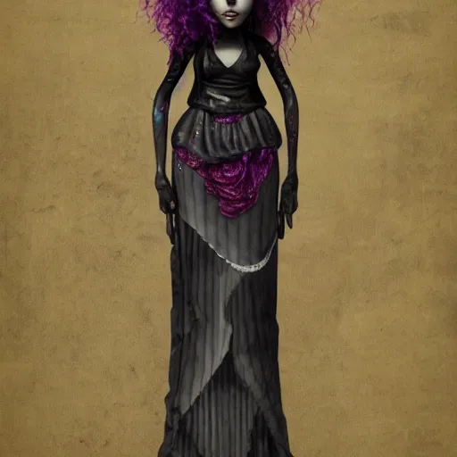 Prompt: photorealistic soft paint of absurdities and curiosities, very beautiful dollpunk female full long dress, ultra deep fog, purple black lustrous thin haircut, symmetry accurate features, focus, very intricate ultrafine details, award winning masterpiece