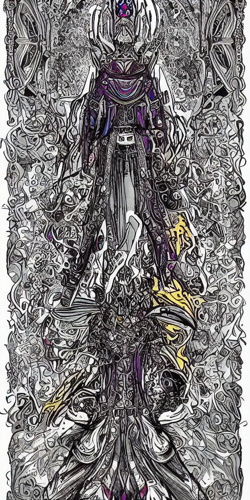 Prompt: a mage from final fantasy 14, intricate, amazing line work, cosmic, psychedelic, cheerful, colorful, tarot cards,