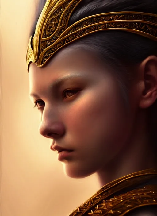 Image similar to a young warrior woman moments before battle in contemplation, diffuse lighting, fantasy, intricate, elegant, highly detailed, lifelike, Rebel, photorealistic, digital painting, artstation, punks, illustration, concept art, smooth, sharp focus, artgerm, by John Collier and Albert Aublet and Leonardo da vinci and Krenz Cushart and Artem Demura and Alphonse Mucha