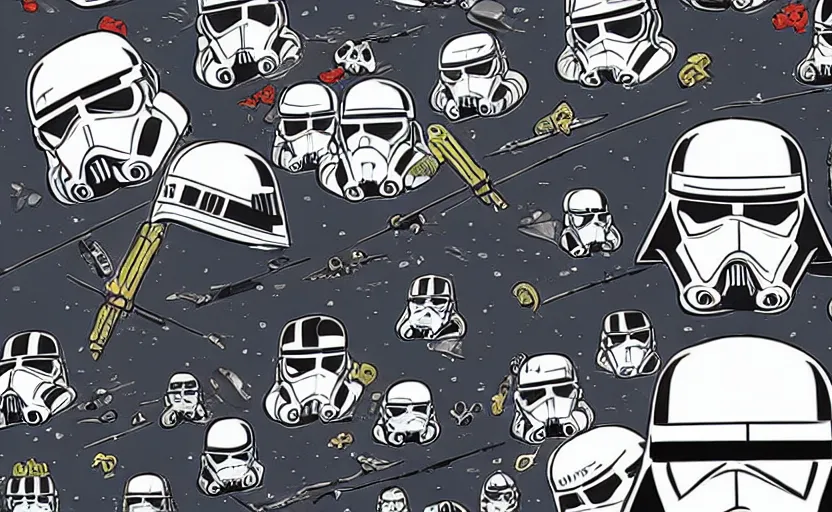 Image similar to darth vader on the death star surrounded by storm troopers and tie fighters, in the style of studio ghibli